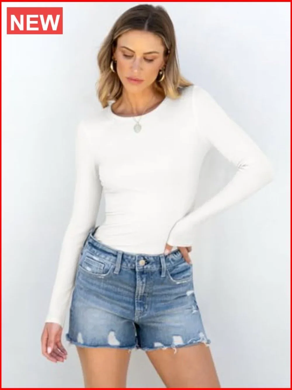 Long Sleeve Rib Knit Slim Fit T-Shirt Basic Tee Rayon Elastane - Picture 2 of 7